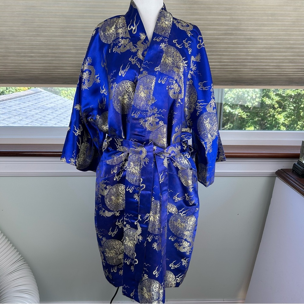 Old Shanghai Vintage Elegant Blue & Gold Belted Kimono Robe Quiet Luxury Brocade